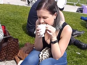 Checking her tits while she eats a sandwich
